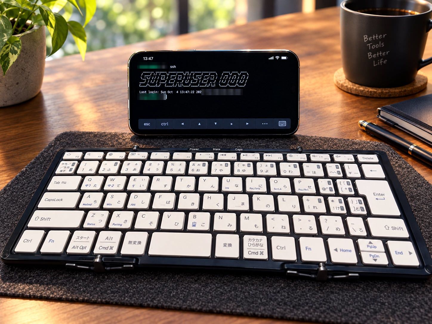 iPhone Airを横向きに立ててPromptでSSHし、MOBO Keyboardで操作している様子