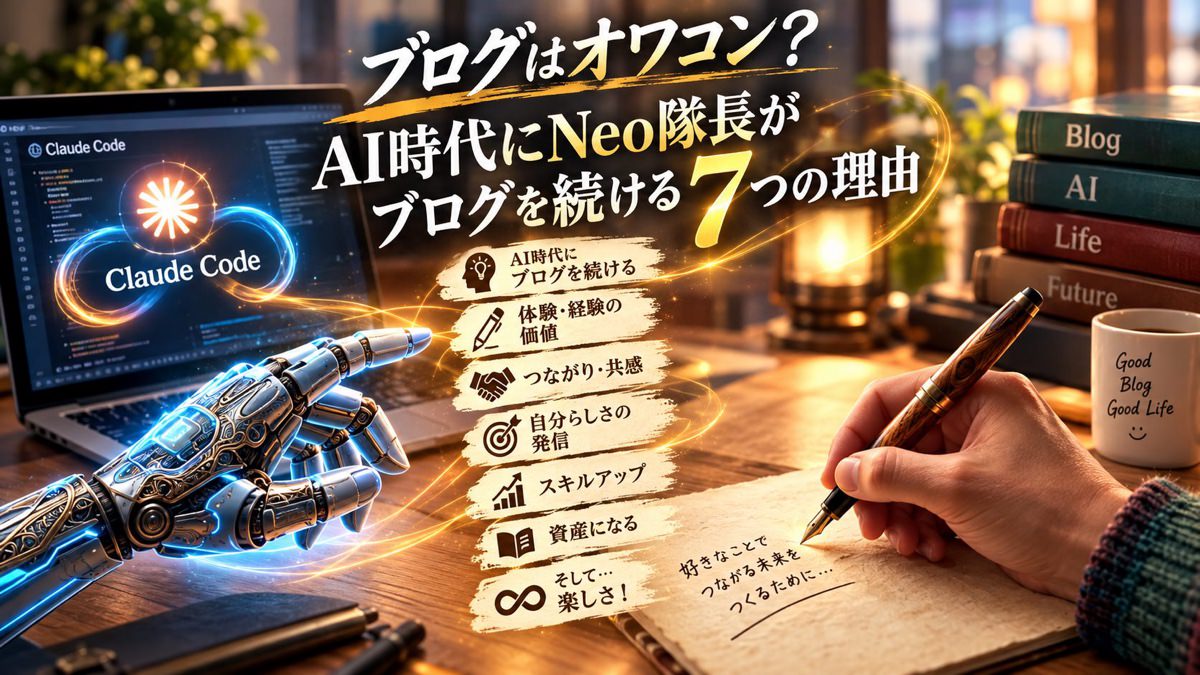 「ブログはオワコン? AI時代にNeo隊長がブログを続ける7つの理由」の文字と、ノートに万年筆で書く手、ノートパソコンを指さすロボットの手